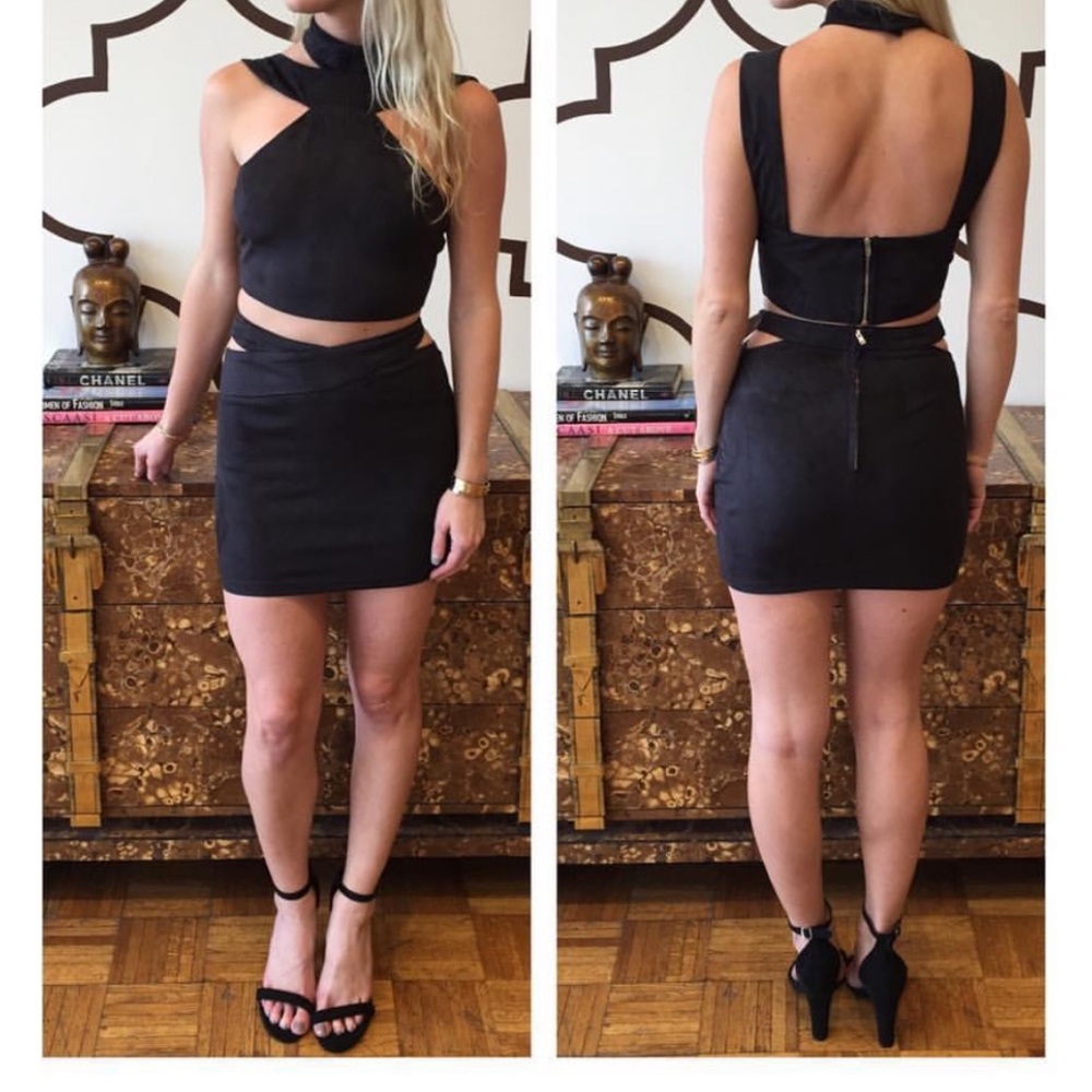 Luxxel Faux Suede Crop Top and Mini Skirt Set Black size small